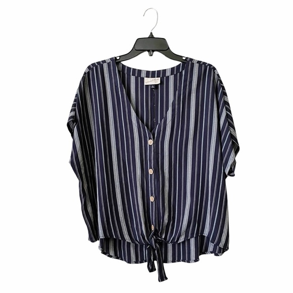 Universal Thread Tie Front Top Women’s Size XXL Blue Gray Striped Buttons V-Neck - Picture 1 of 7